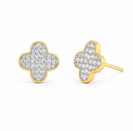 GELATI’S FOUR LEAF CLOVER VVS1 MOISSANITE DIAMOND MICRO PAVE EARRINGS IN 925 SILVER & 18K GOLD