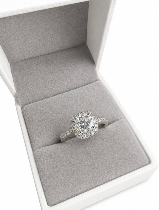 GELATI’S BESPOKE FL-IF LAB MOISSANITE DIAMOND 2CTW HALO SQUARE CUT RING IN 925 SILVER & 14K VERMEIL GOLD