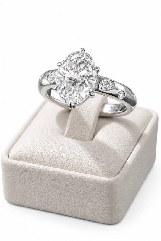 DIAMOND TOUCH OVAL ETERNITY RING – 3CTW DVVS1 MOISSANITE, 925 SILVER & PLATINUM VERMEIL