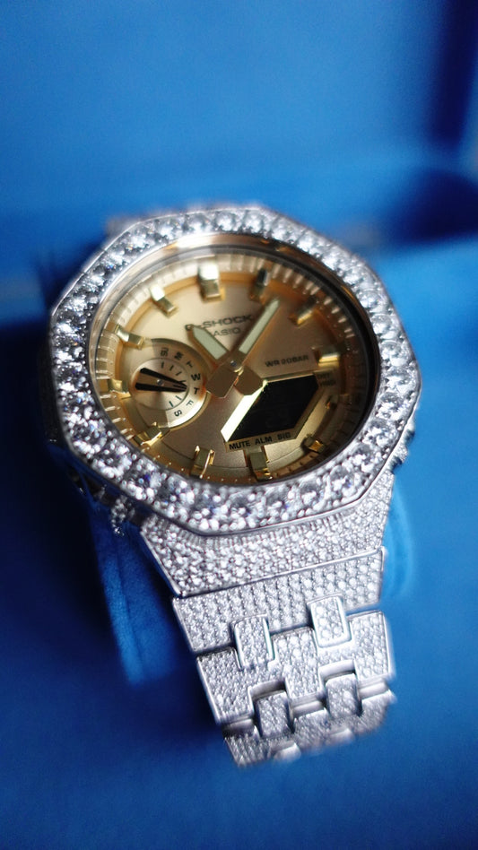 Gelati's Custom BussDown 35 CT G-shock In FL-Flawless Lab Moissanite Diamonds & Solid 925 Sterling silver and 18k Vermeil Gold - Limited Gold Dial Edition