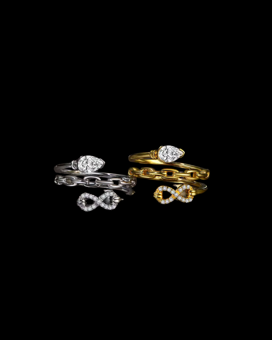Gelati's Multilayer 2,5 CT Infinity VVS1 Moissanite Diamond Pear Cut Ring in Sterling 925 Silver & 18k Vermeil Gold Inserts