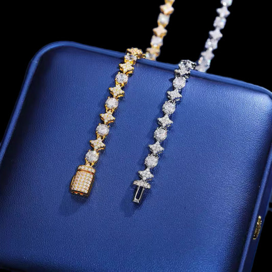 Gelati's Bespoke Starchain Diamond Tennis Necklace in 925 Sterling Silver & 14k Vermeil Gold & CB/FL-IF Moissanite Lab Diamonds