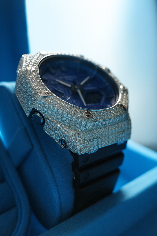 Gelati's Custom 20 CT G-shock In FL-Flawless Lab Moissanite Diamonds & Solid 925 Sterling silver and 18k Vermeil Gold - Limited Blue Paisley Dial Edition