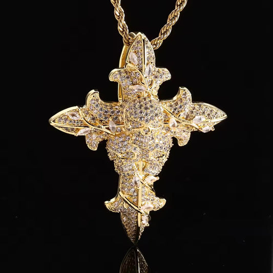 Gelati's Skull Infamous Diamond Cross In solid Titanium & 18k Vermeil Inserts & Micro Pave Carbon Diamonds- 925 Silver Rope Chain Included