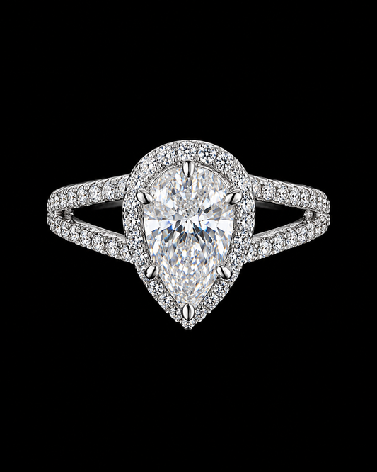 Ark Halo Pear Cut FL–IF Moissanite Diamond Ring – 925 Silver / 18K Vermeil White Gold