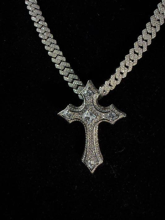 Gelati's Inferno Crucifix Carbon Diamond Cross Pendant in Solid Titanium & 14K Vermeil Gold Inlay + Free 3MM Silver Rope Chain