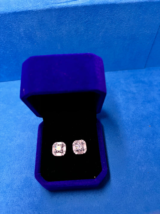 Gelati's Bespoke 8MM Ascher Cut & Baguette's Halo FL-IF Lab Moissanite Diamond Earrings in solid 925 Silver & 18k Vermeil Gold