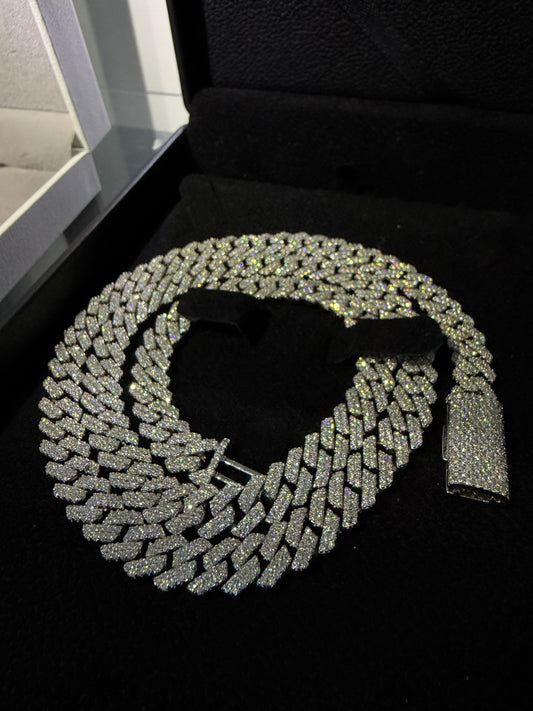 Gelati's Bespoke 10MM "Ascension" Miami Link Pave Setting FL-IF FLAWLESS 3EX D-Color Lab Moissanite Diamond Cuban Necklace In Solid 925 Sterling Silver & 18K Vermeil Gold Inlay