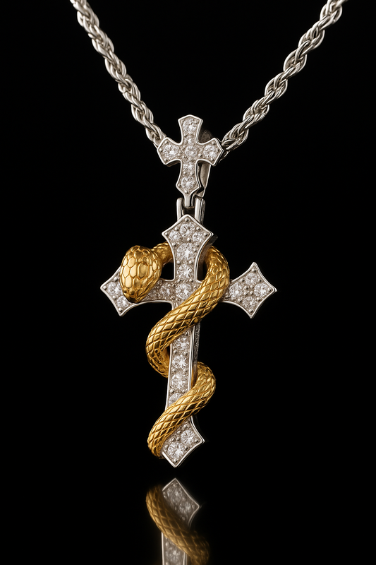 Gelati's Golden Viper Diamond Cross In Solid 925 Sterling Silver and 18k Vermeil Gold & FL-IF Lab Moissanite Diamonds + Free Silver Chain Included