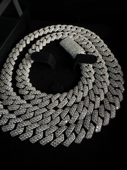 Gelati's Bespoke 14MM "Bipolar" Miami Link Pave Setting FL-IF FLAWLESS 3EX D-Color Lab Moissanite Diamond Cuban Necklace In Solid 925 Sterling Silver & 18K Vermeil Gold Inlay