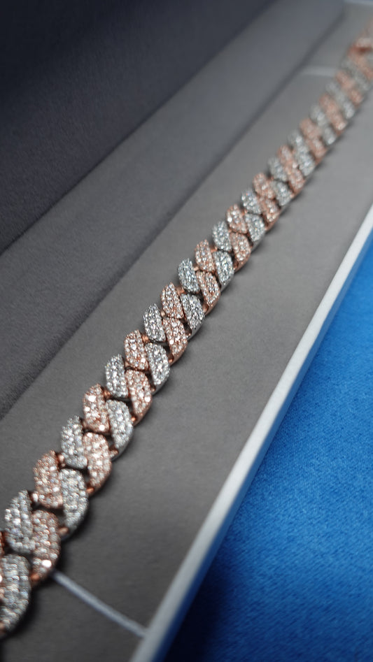 Gelati's Bespoke Mosaic Setting 14mm Two Tone FL-IF Diamond Cuban Bracelet In 925 Sterling Silver & 18k Vermeil Gold Inlay - 12 CTW