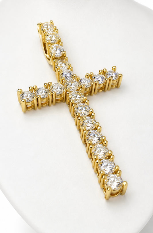 SPIKED PRONG CROSS PENDANT – FL–IF MOISSANITE, 925 SILVER & 18K VERMEIL