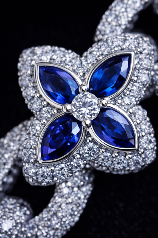 Gelati's Bespoke Sapphire & FL-IF Lab Moissanite / CB Diamond Clover Cuban Necklace In Solid 925 Sterling Silver & 18k Vermeil Gold Inserts