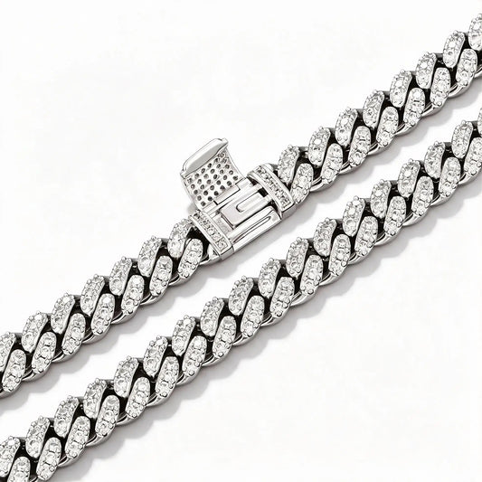 Gelati's Glaciale CB/DVVS1 Lab Moissanite 10MM Prongue Miami Link Cuban Necklace in Solid Titanium & 18k Vermeil Gold Inlay