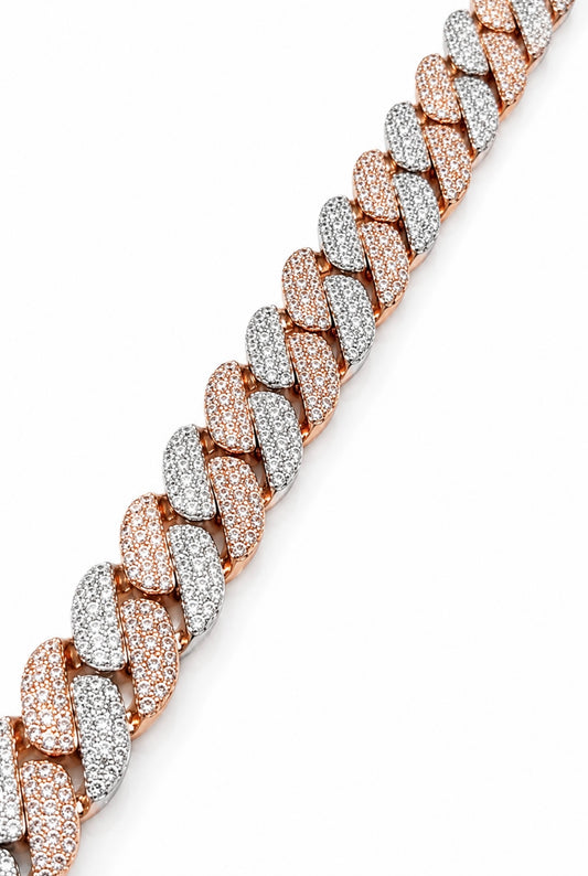 SIGNATURE MOSAIC TRI ROW SETTING TWO TONE CUBAN BRACELET – 12CTW FL-IF MOISSANITE, 925 SILVER & 18K VERMEIL