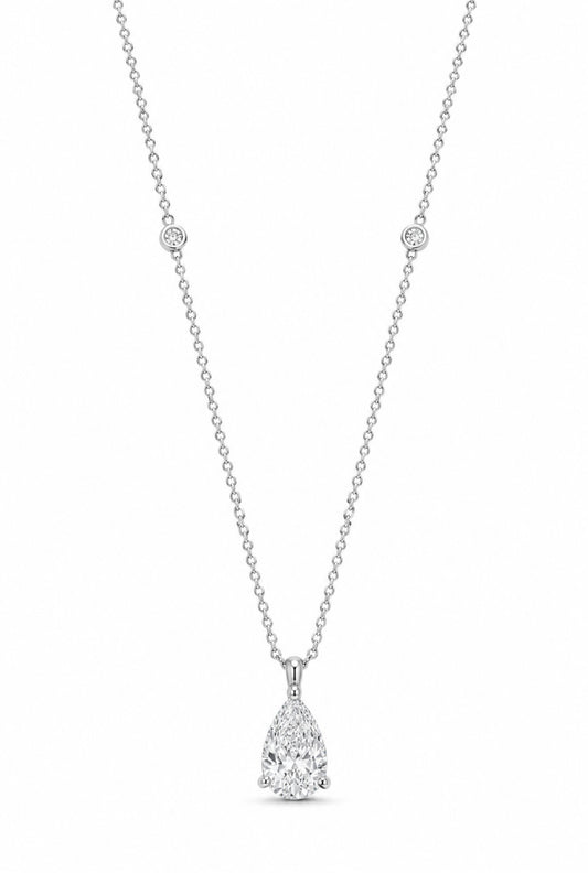 “CELESTE” PEAR CUT DIAMOND NECKLACE – 3CTW FL-IF MOISSANITE 925 SILVER & 18K WHITE VERMEIL
