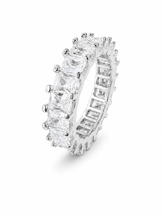 AURELIA BAGUETTE EMERALD ETERNITY RING – DVVS1/CB MOISSANITE, 925 SILVER & 14K WHITE VERMEIL