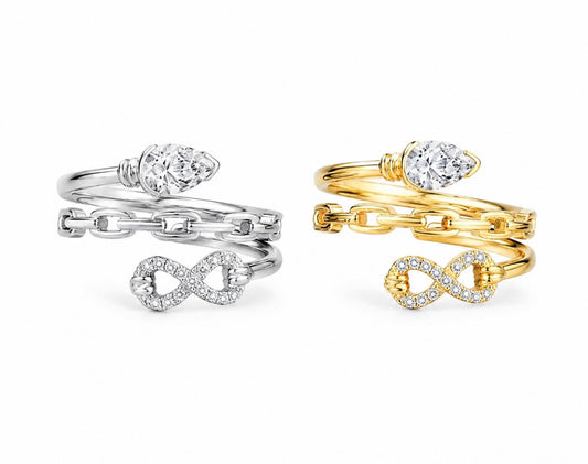 GELATI’S MULTILAYER 2,5 CT INFINITY VVS1 MOISSANITE DIAMOND PEAR CUT RING IN STERLING 925 SILVER & 18K VERMEIL GOLD INSERTS