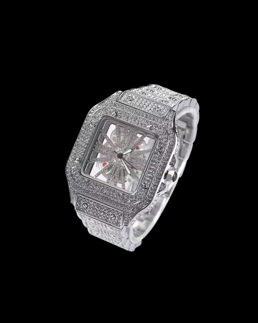 Gelati's Skeleton Open Worked "Primo Santo" Carbon Diamonds & Stainless Steel Watch
