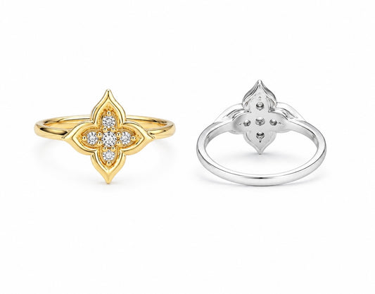 GELATI’S LUCKY FOUR LEAF CLOVER 1,5 CT INFINITY VVS1 MOISSANITE DIAMOND PRONGUE RING IN STERLING 925 SILVER & 18K VERMEIL GOLD INSERTS