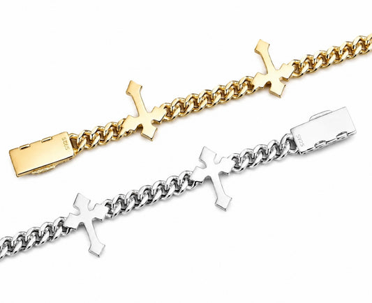 GELATI’S ULTRA THIN 6MM DIAMOND SOLITAIRE CROSS CUBAN BRACELET WITH 18K VERMEIL GOLD INSERTS