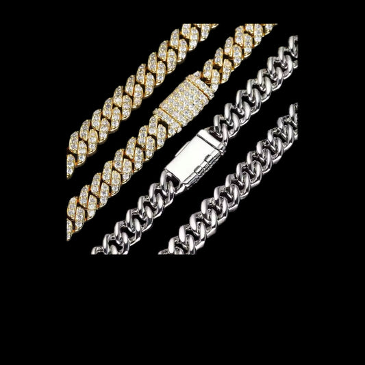 Gelati's Glacial Carbon Diamonds 10MM Prongue Setting Miami Link Cuban Necklace in Solid Titanium & 18k Vermeil Gold Inserts