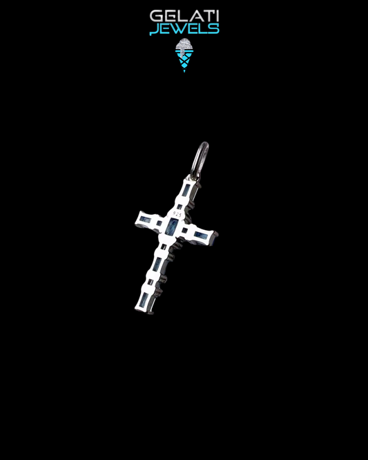 Gelati's Sapphire Baguette Cross in Solid 925 Sterling Silver & 18k Vermeil Gold + Free Sterling Silver Rope Chain