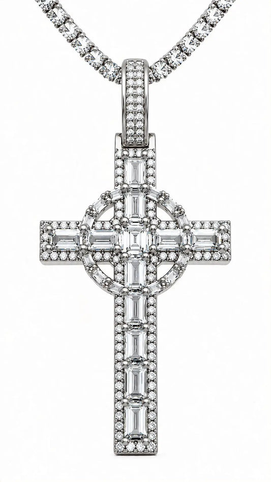 GELATI RETRIBUTION BAGUETTE DIAMOND CROSS PENDANT | FL-IF Moissanite | Solid 925 Sterling Silver | 18K Vermeil Gold