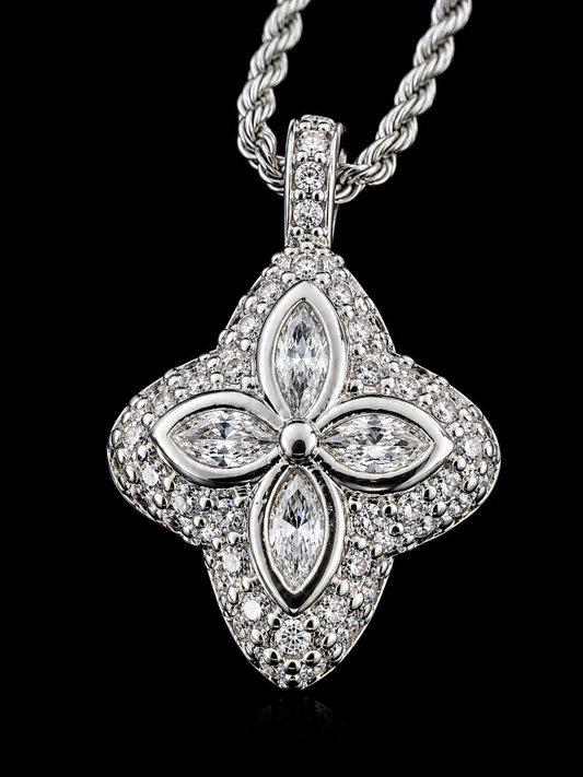 Carbon Diamond Marquise Clover Pendant – Titanium & 18K Vermeil Gold (Free Chain Included)