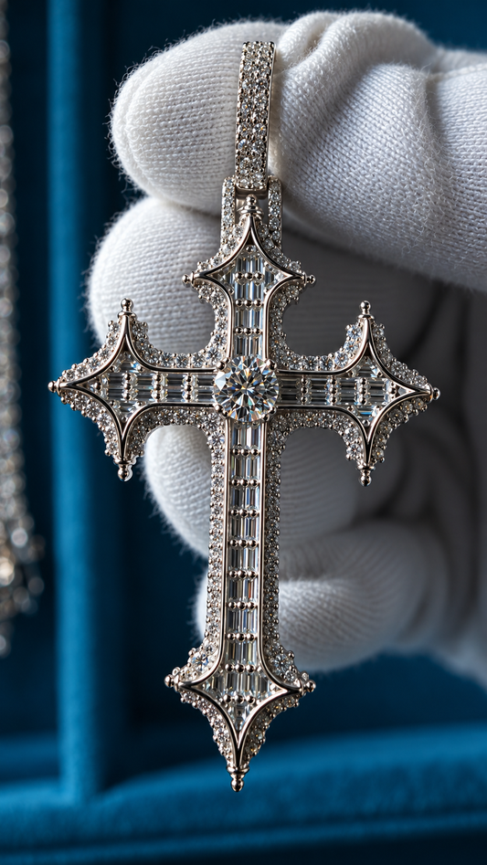 THE LAST SAINT BAGUETTE CROSS | FL-IF LAB MOISSANITE DIAMONDS IN 925 STERLING SILVER & 18K VERMEIL GOLD