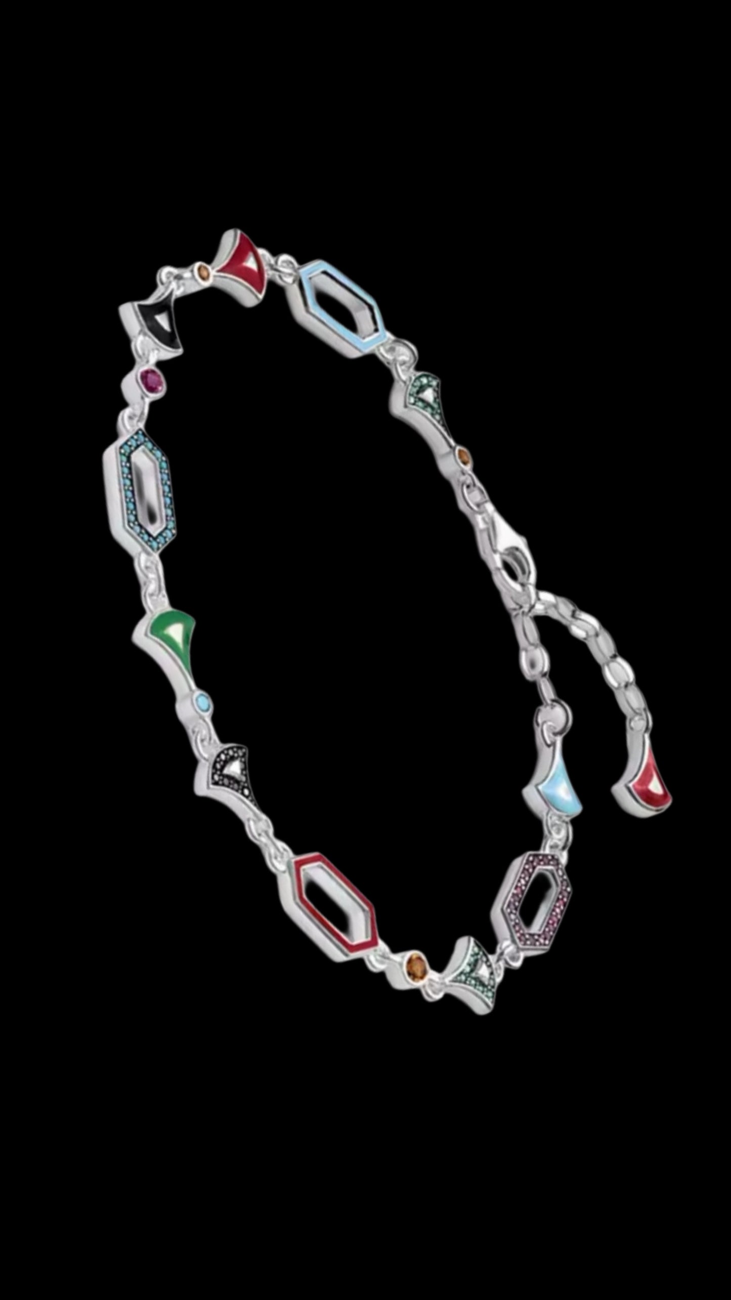 Gelati's "Arlechino" 925 Sterling Silver & Carbon Sapphires Geometric - Multilink Diamond Cut Bracelet