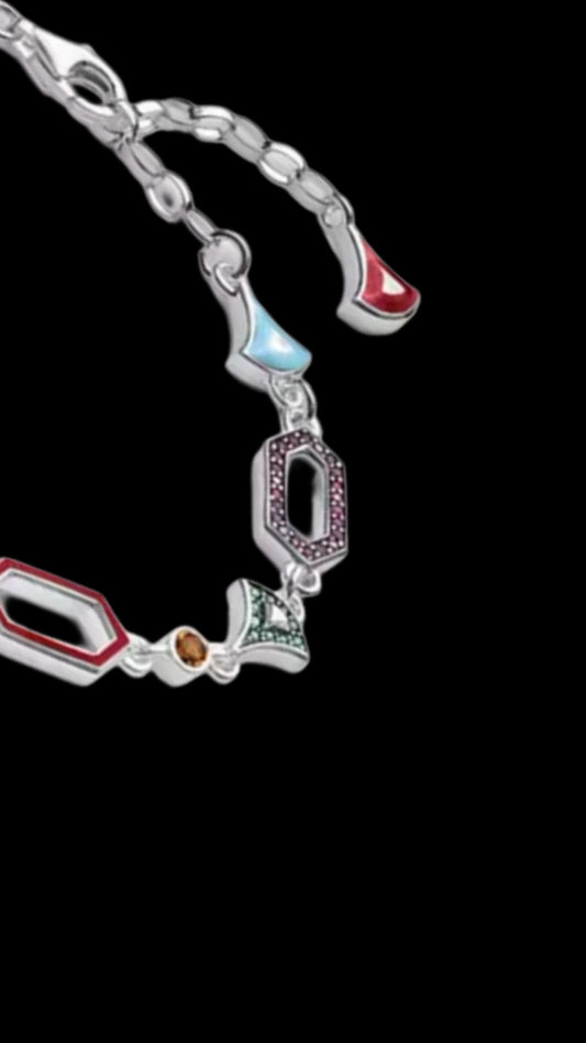 Gelati's "Arlechino" 925 Sterling Silver & Carbon Sapphires Geometric - Multilink Diamond Cut Bracelet