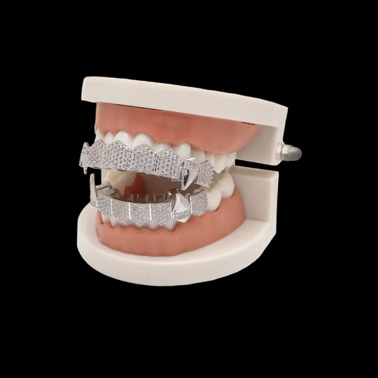 Gelati GRILLZ Diamond Sharp Cut 6 on 6 Black Titanium Set - Micro Pave Carbon Synthetic Diamonds & 18k Gold Inserts