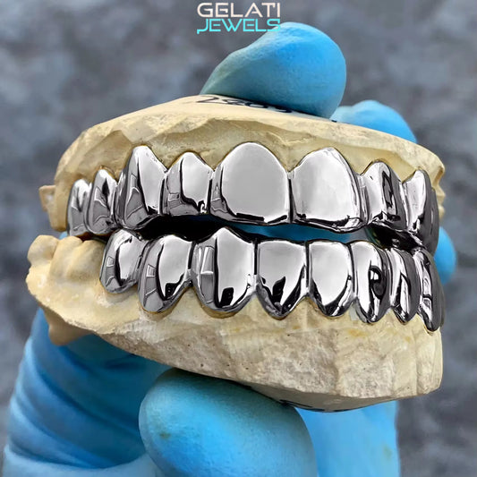 Gelati's Bespoke Custom Silver Platinum Plain Grillz In Solid 925 Silver & Dental Gold