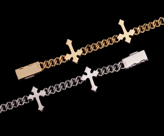 Gelati's Ultra Thin 6MM Diamond Solitaire Cross Cuban Bracelet with 18k Vermeil Gold Inserts