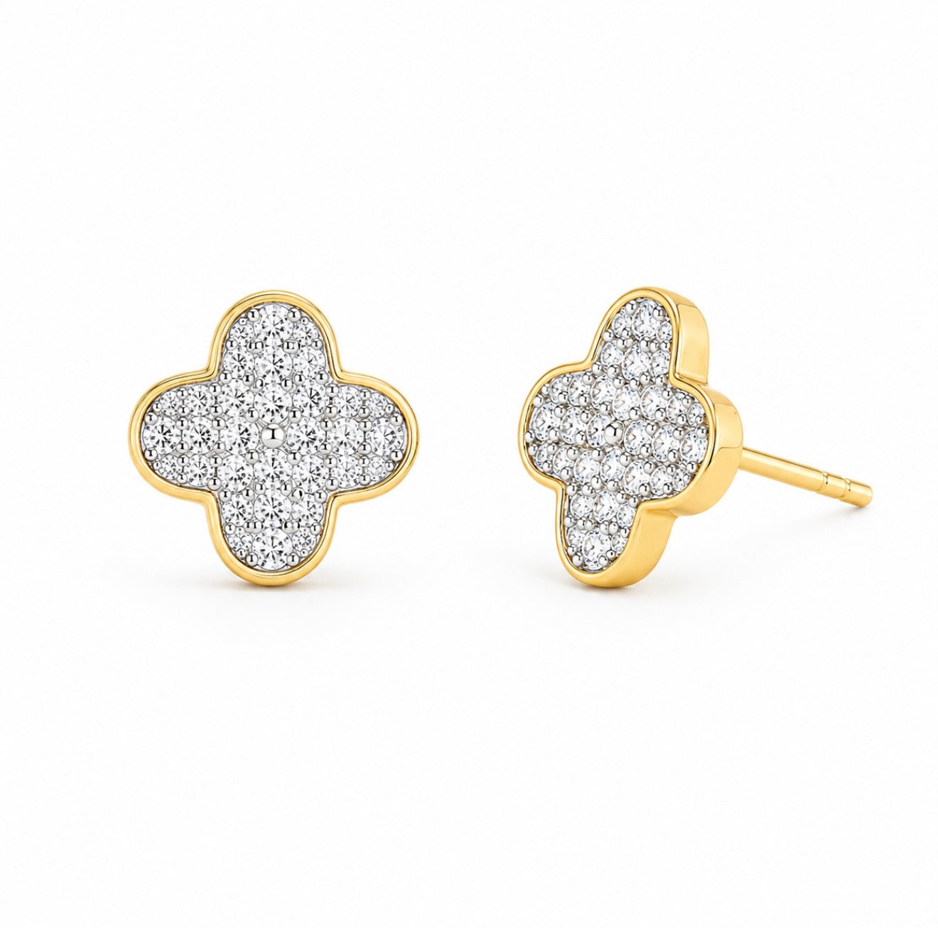 GELATI’S FOUR LEAF CLOVER VVS1 MOISSANITE DIAMOND MICRO PAVE EARRINGS IN 925 SILVER & 18K GOLD