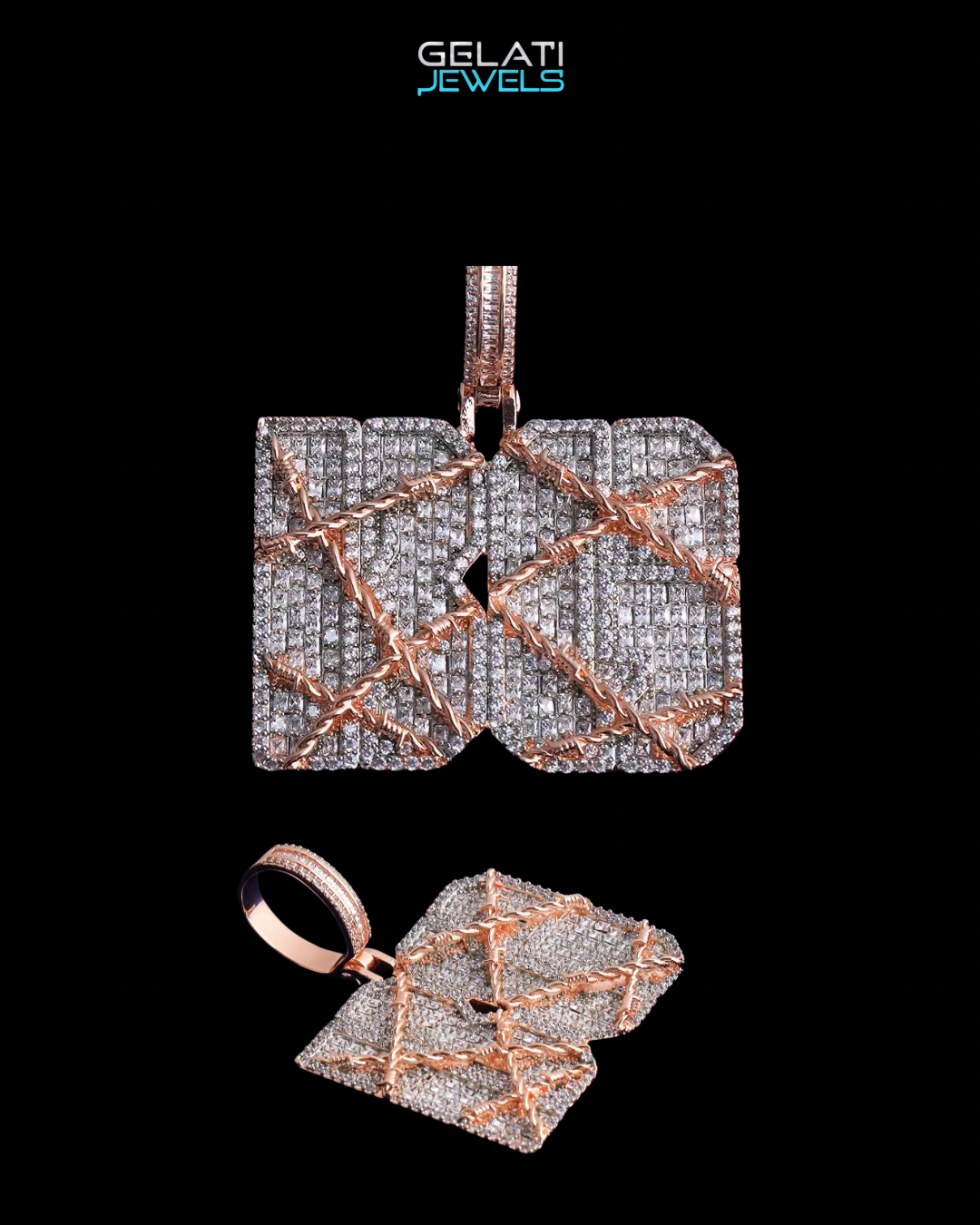 Gelati Custom Barbed Wire Diamond Pendant in Solid Titanium & 18k Vermeil Gold + Free 925 Silver Rope Chain