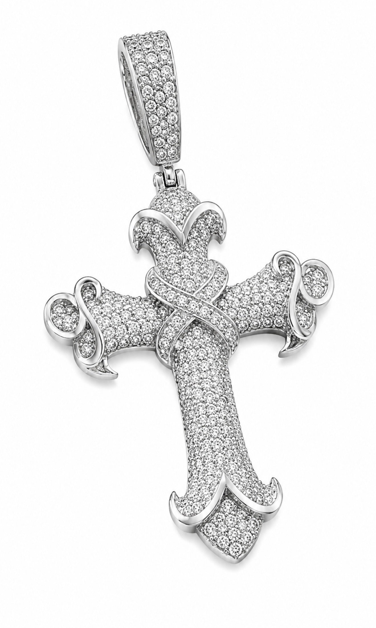 INFINITY CUSTOM BAROQUE CROSS PENDANT – FL–IF MOISSANITE, 925 SILVER & 18K WHITE VERMEIL