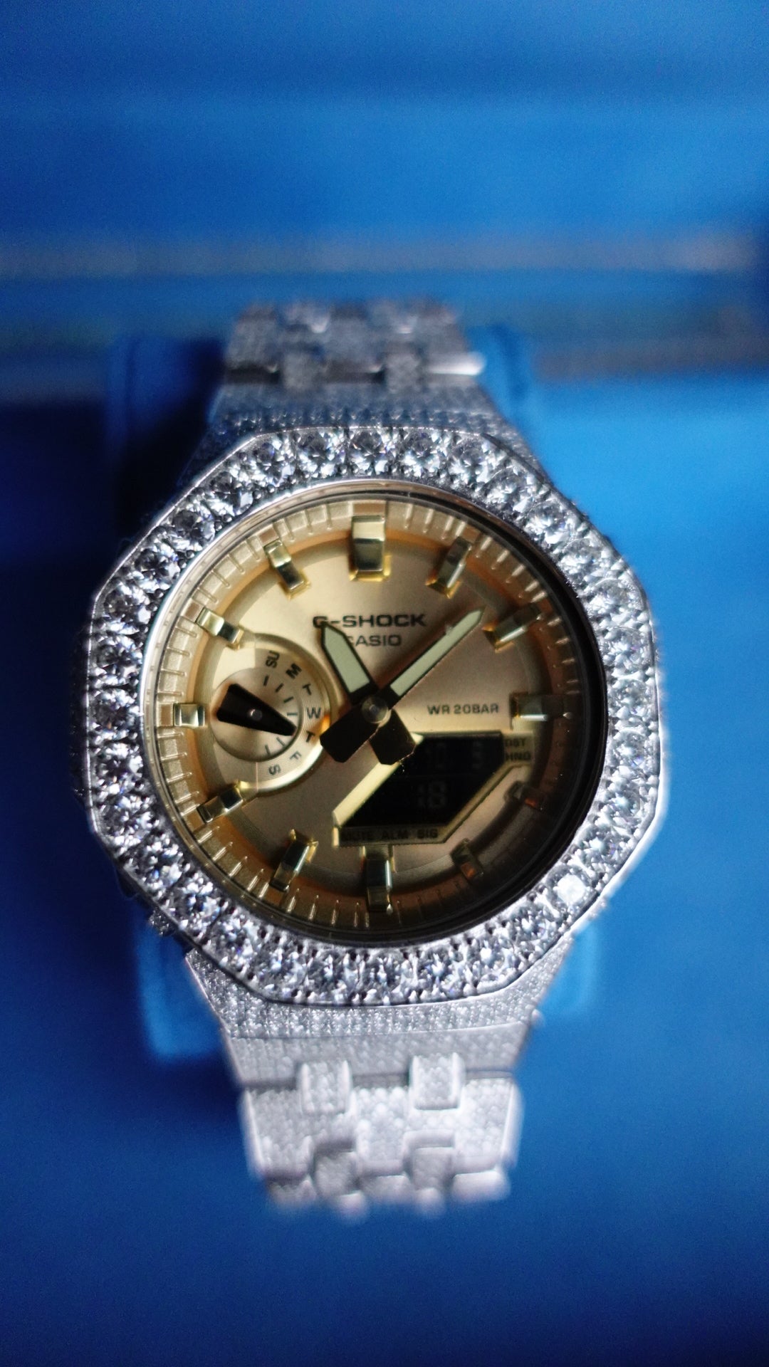 Gelati's Custom BussDown 35 CT G-shock In FL-Flawless Lab Moissanite Diamonds & Solid 925 Sterling silver and 18k Vermeil Gold - Limited Gold Dial Edition