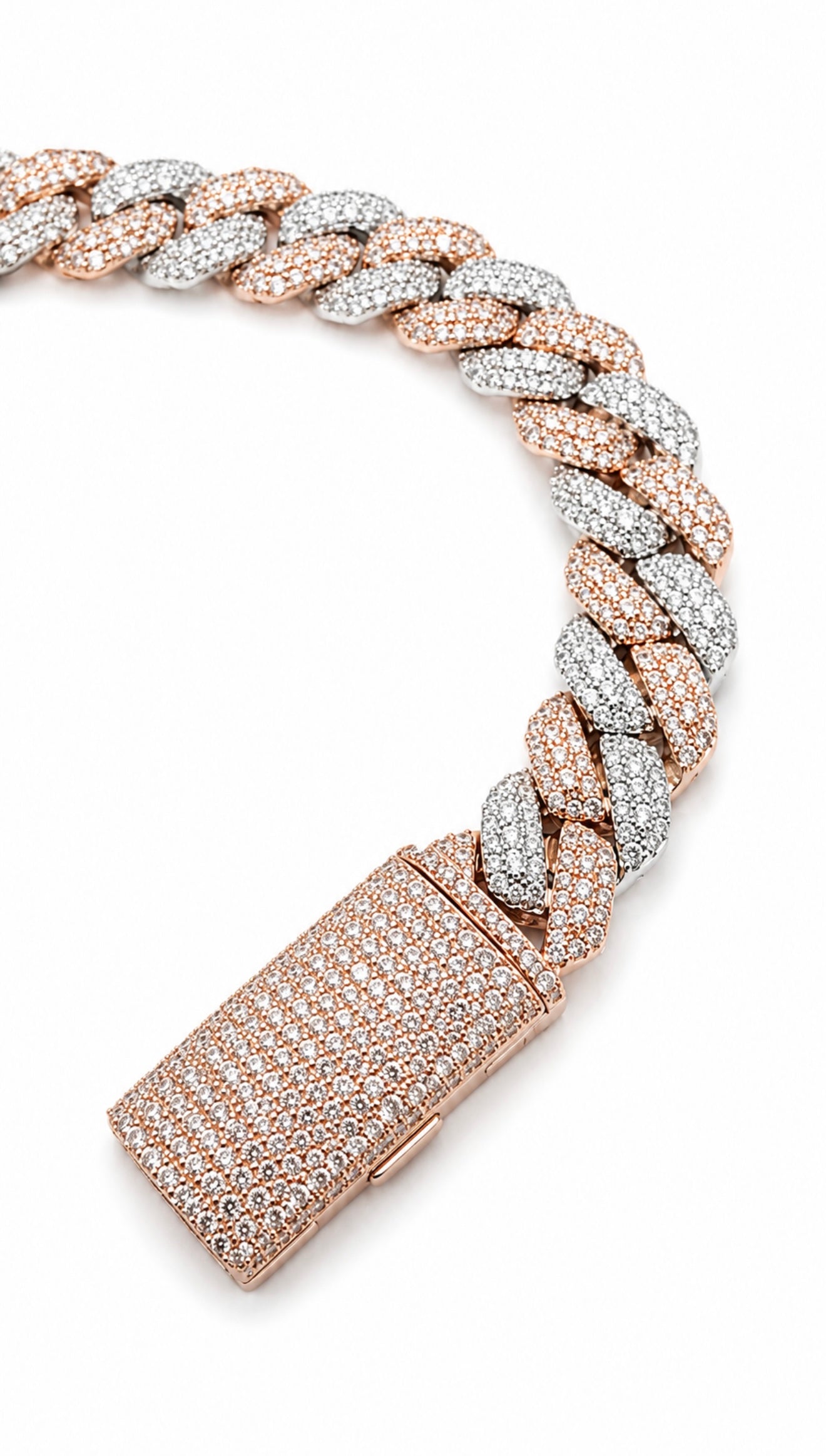 SIGNATURE MOSAIC TRI ROW SETTING TWO TONE CUBAN BRACELET – 12CTW FL-IF MOISSANITE, 925 SILVER & 18K VERMEIL