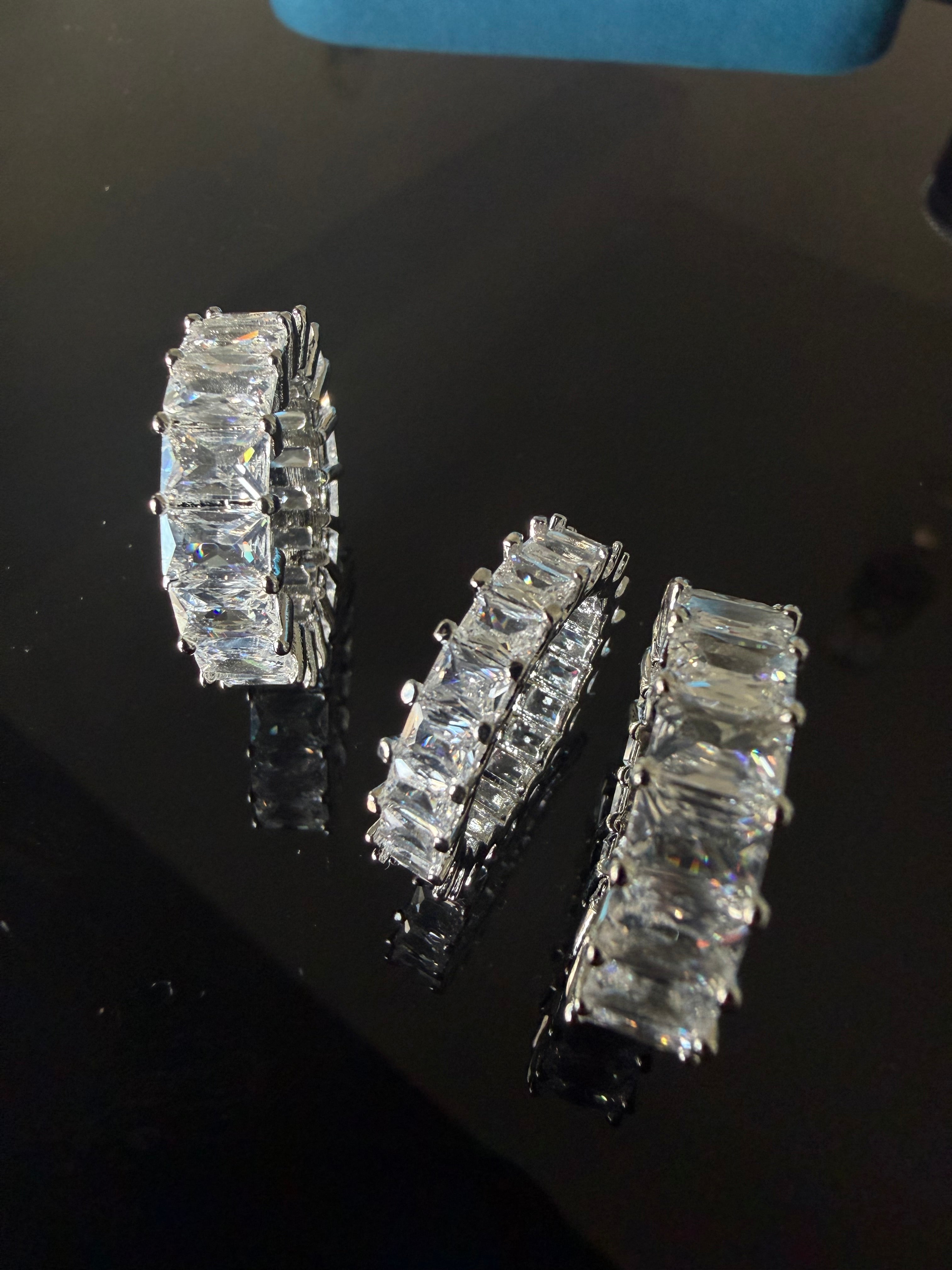 Gelati's Baguette Emerald Cut DVVS1/CB Lab Moissante 3MM Eternity Ring in 925 Sterling Silver & 14k White Vermeil Gold Inlay