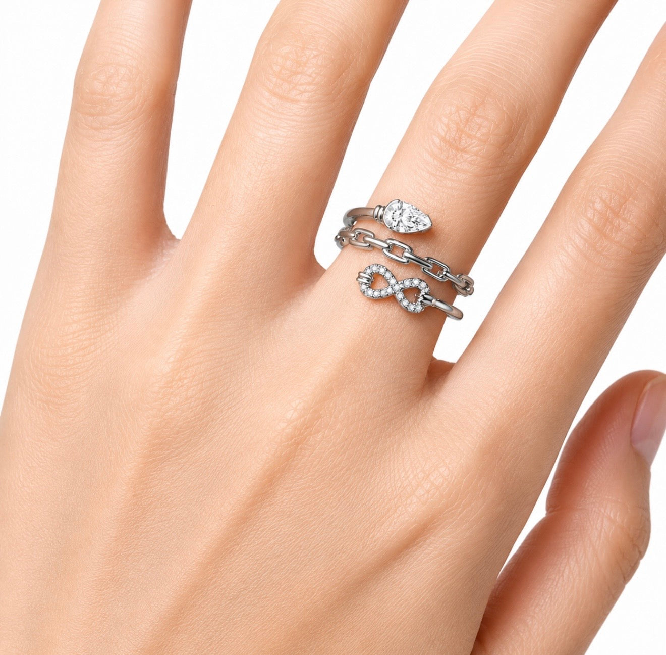 GELATI’S MULTILAYER 2,5 CT INFINITY VVS1 MOISSANITE DIAMOND PEAR CUT RING IN STERLING 925 SILVER & 18K VERMEIL GOLD INSERTS