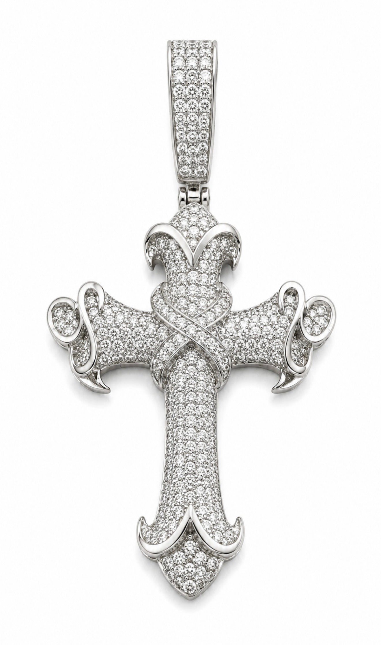 INFINITY CUSTOM BAROQUE CROSS PENDANT – FL–IF MOISSANITE, 925 SILVER & 18K WHITE VERMEIL