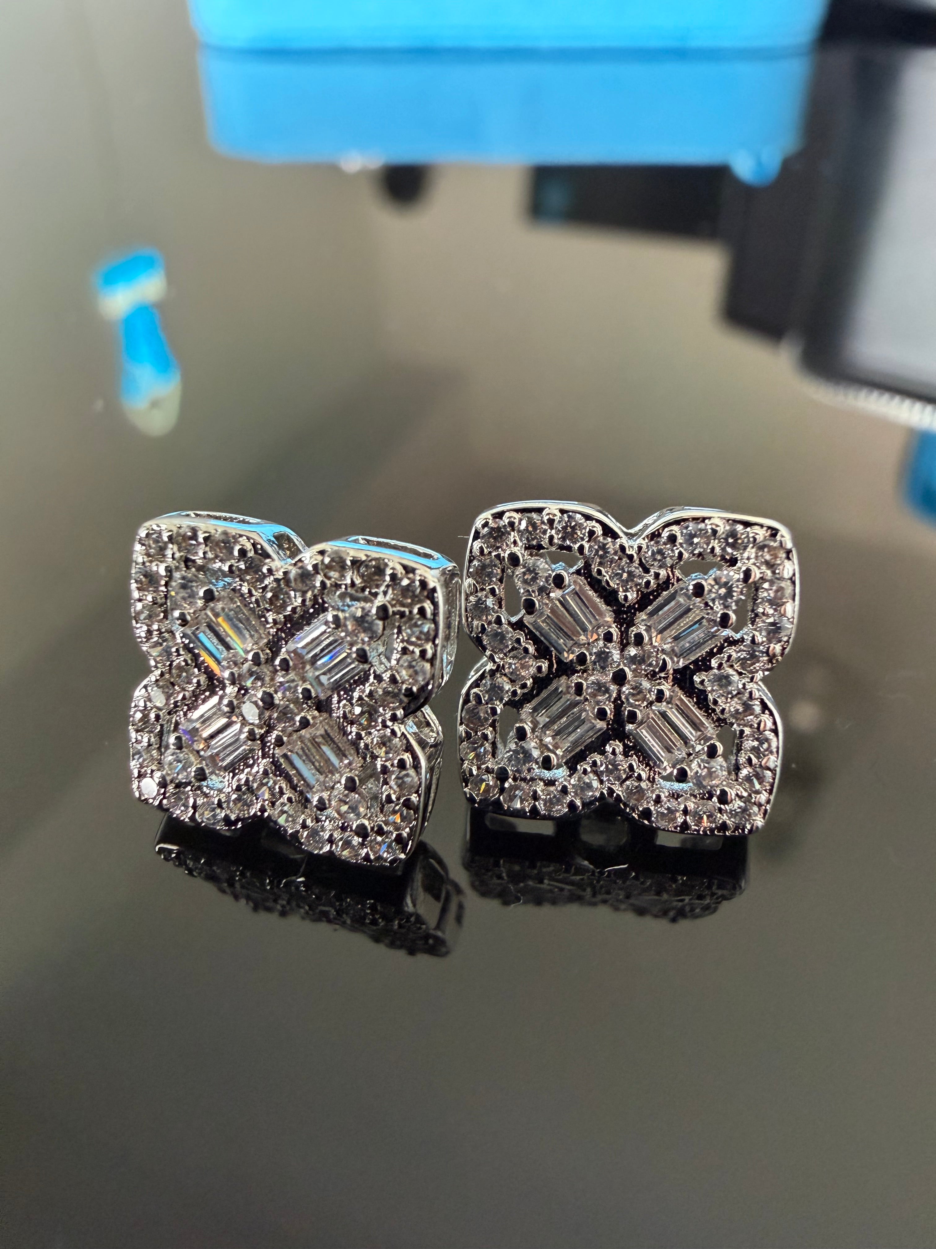 Gelati's FL-IF Lab Moissanite Diamond Baguette Clover Earrings in 925 Sterling Silver & 18K Vermeil White Gold
