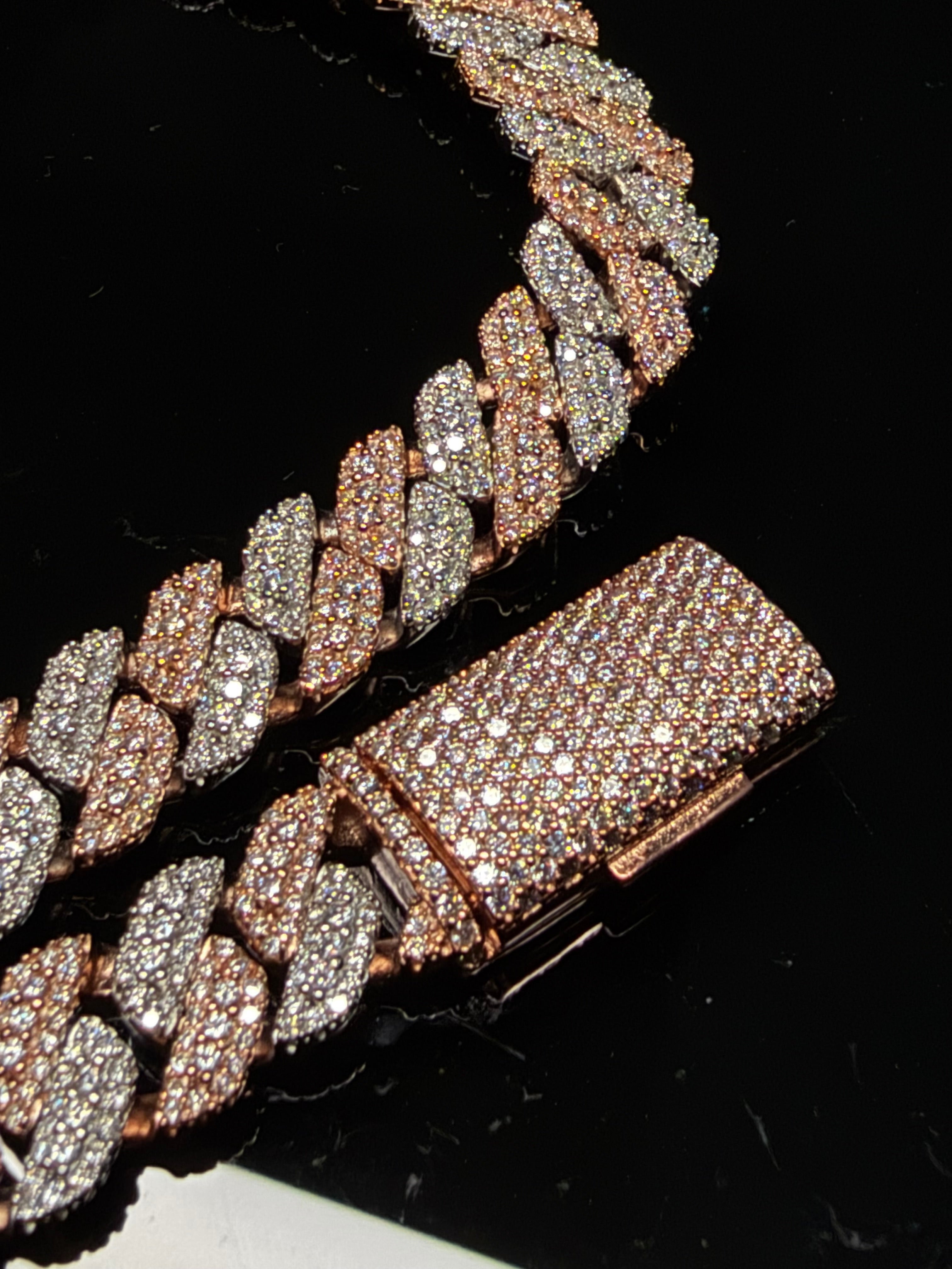 Gelati's Bespoke 3EX FL-IF Flawless GRA Lab Moissanite Diamond 14MM Miami Mosaic Setting Tri Row Cuban Link Necklace in Solid 925 Sterling Silver & 18k Vermeil Gold Inlay