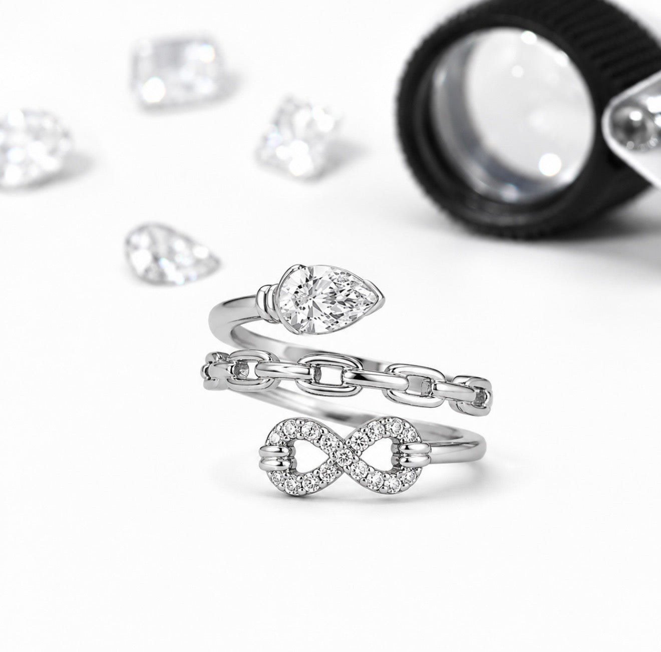 GELATI’S MULTILAYER 2,5 CT INFINITY VVS1 MOISSANITE DIAMOND PEAR CUT RING IN STERLING 925 SILVER & 18K VERMEIL GOLD INSERTS