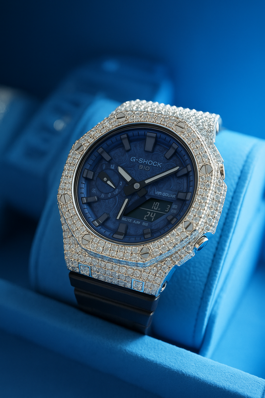 Gelati's Custom 20 CT G-shock In FL-Flawless Lab Moissanite Diamonds & Solid 925 Sterling silver and 18k Vermeil Gold - Limited Blue Paisley Dial Edition