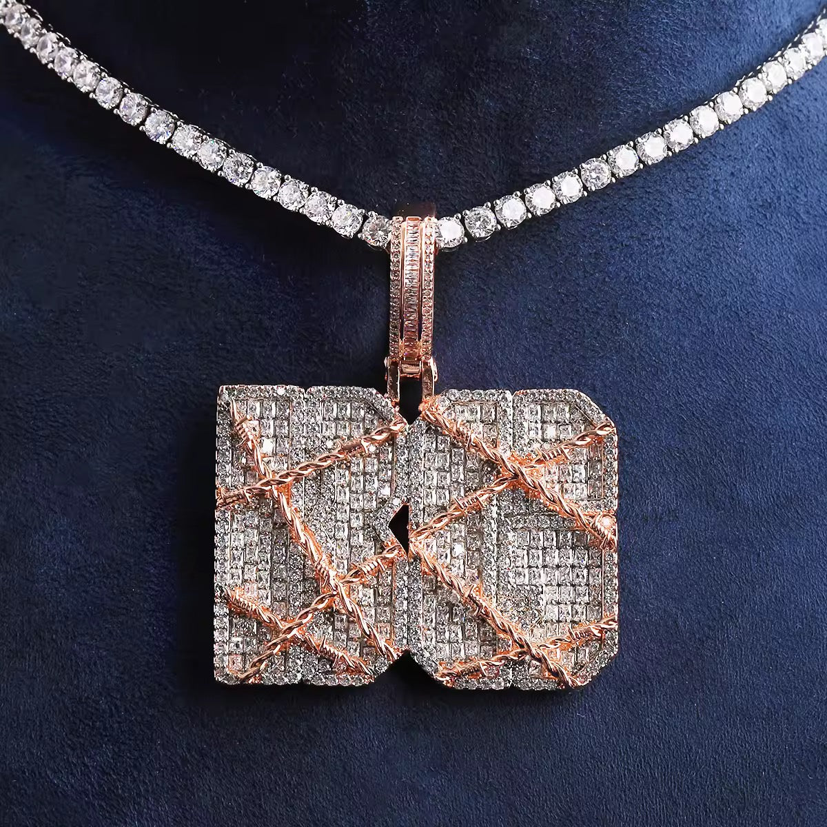 Gelati Custom Barbed Wire Diamond Pendant in Solid Titanium & 18k Vermeil Gold + Free 925 Silver Rope Chain