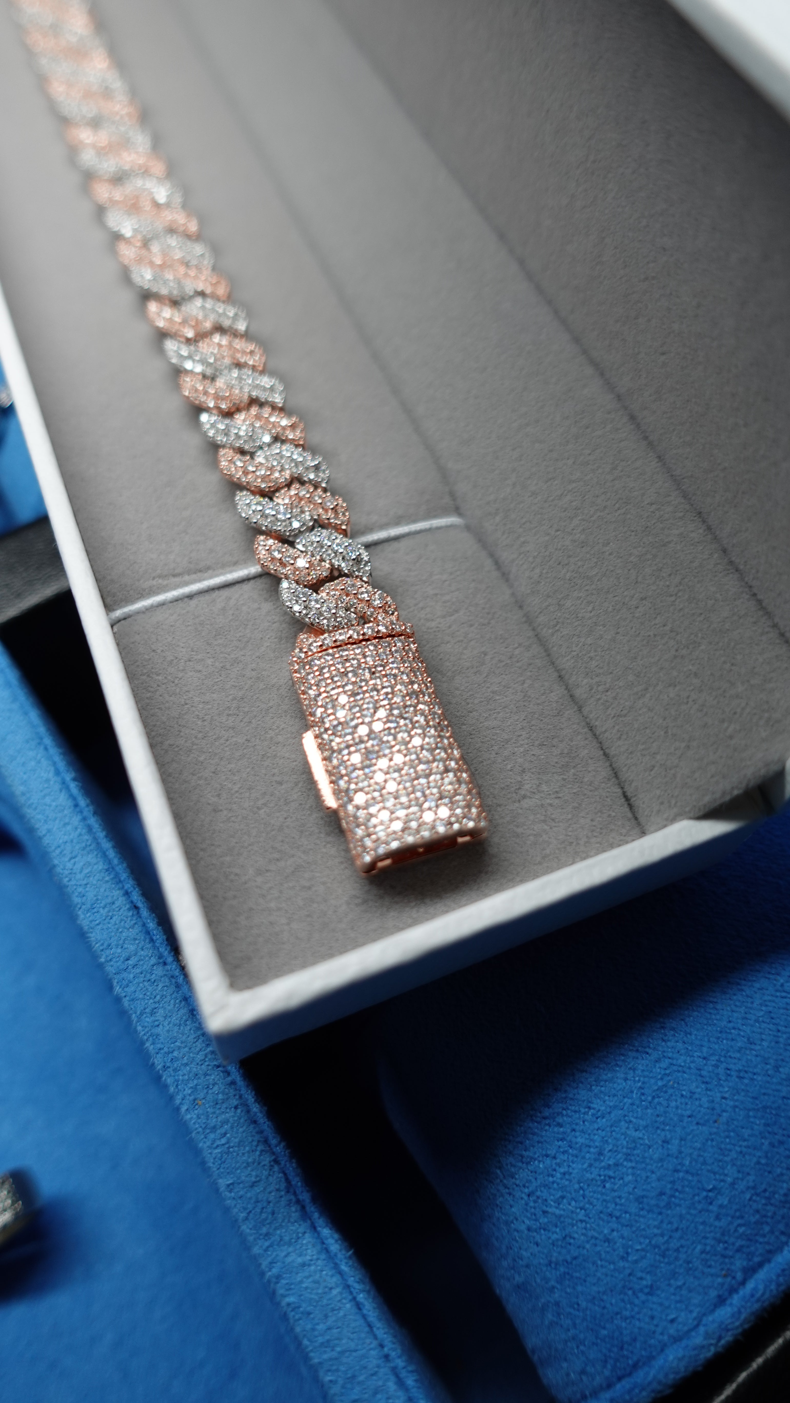 Gelati's Bespoke Mosaic Setting 14mm Two Tone FL-IF Diamond Cuban Bracelet In 925 Sterling Silver & 18k Vermeil Gold Inlay - 12 CTW