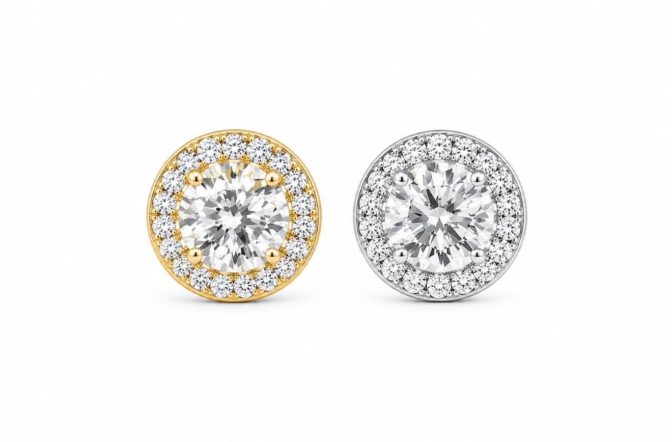 GELATI’S GLACIAL HALO DVVS1 / FL-IF SOLITAIRE CUT DIAMOND EARRINGS IN 925 STERLING SILVER & 18K VERMEIL GOLD